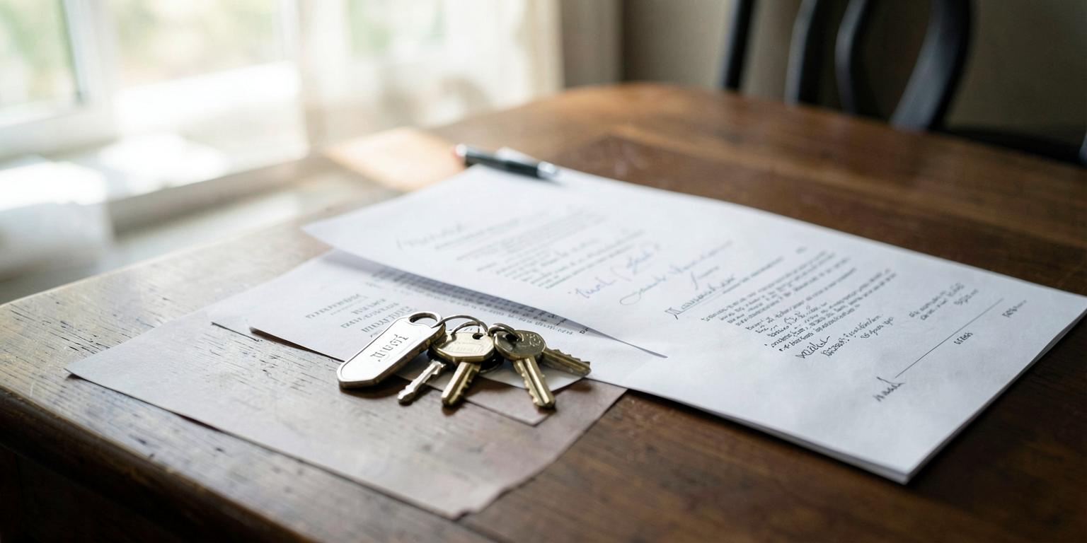 House keys and signed closing documents on a wooden table