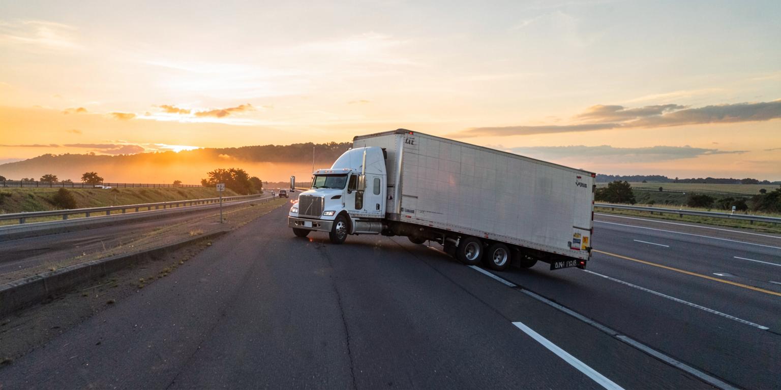 Long distance moving truck on an interstate highway at sunrise