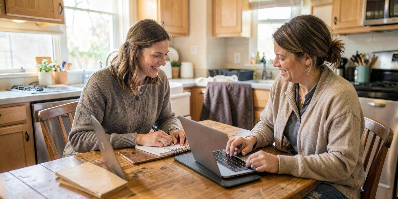 Two people planning a move at a kitchen table with a laptop