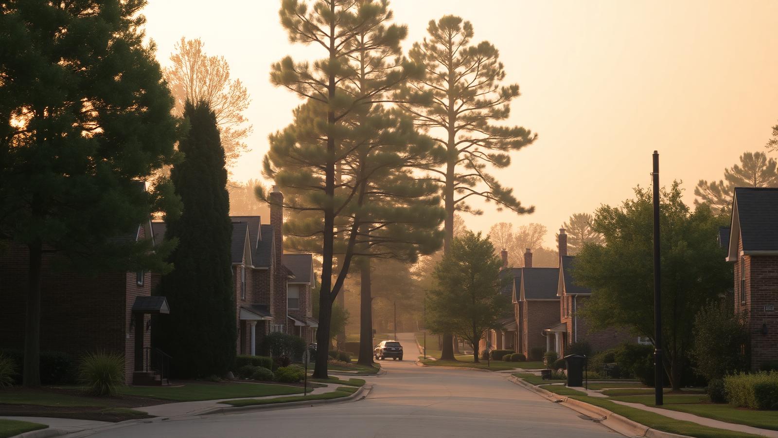 Brick homes beneath tall pines on a quiet suburban street north of Atlanta, Georgia
