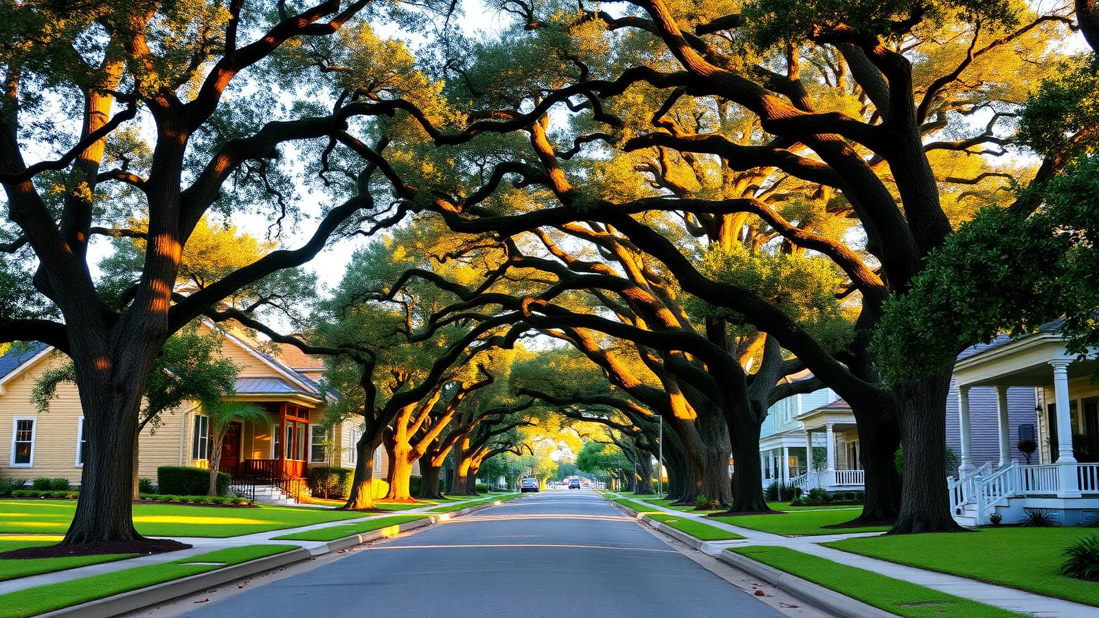 Live oak lined street of raised Acadian style homes with front porches in a Louisiana suburb at late afternoon