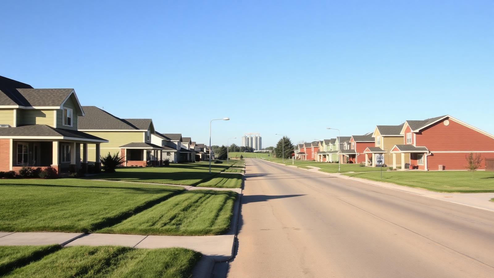 Tidy midwestern homes with deep lawns along a quiet Nebraska street under a clear blue sky