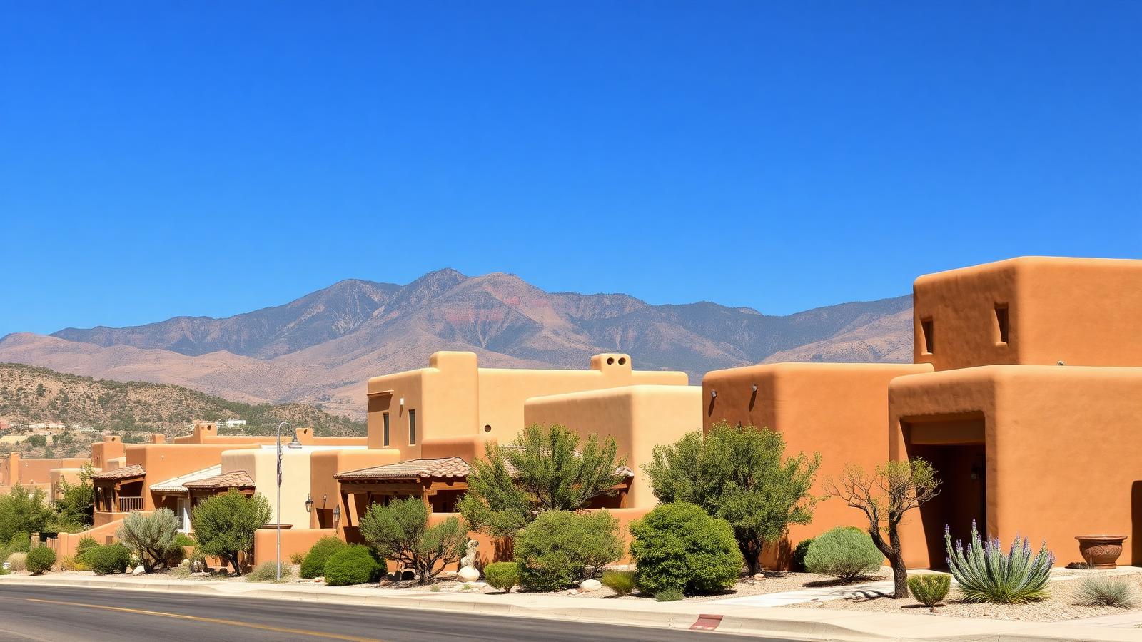 Adobe-style stucco homes with junipers on a high desert street below mountains in New Mexico