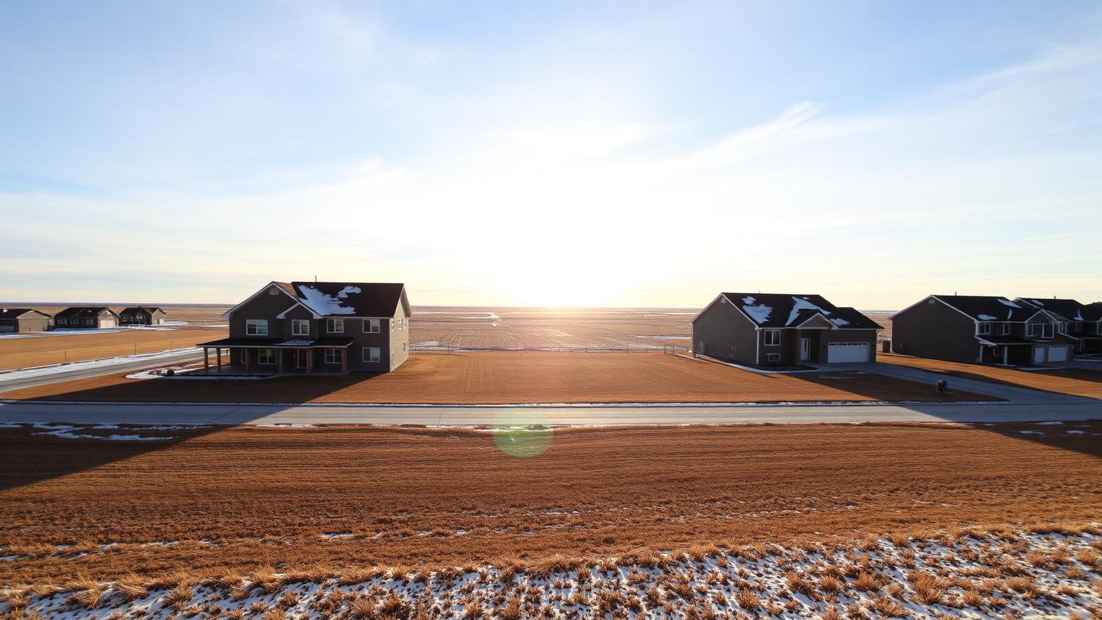 New suburban homes at the prairie edge of a North Dakota town under a wide winter sky