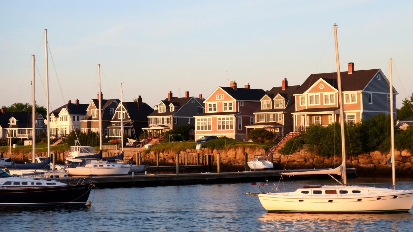 Shingle style homes above a Rhode Island harbor with moored sailboats at golden hour