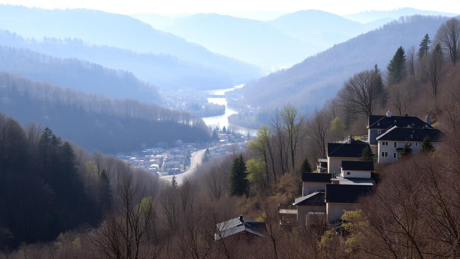 Hillside homes above a river valley town in West Virginia with forested Appalachian ridges behind