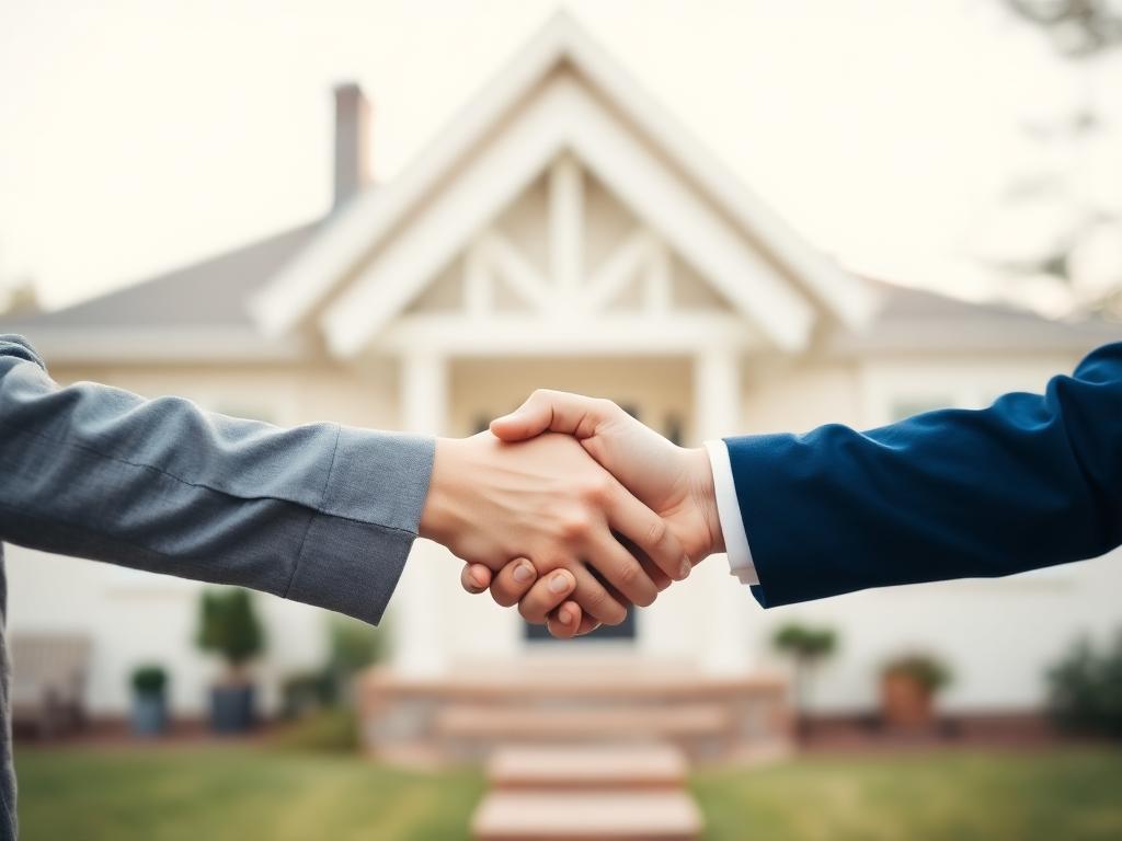 Homebuyer shaking hands with a local real estate agent outside a house